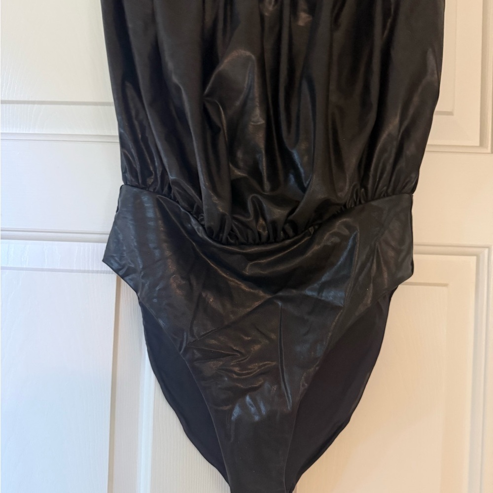 We Wore What Women’s Black Faux-Leather Strapless Billow One-Piece Swimsuit
